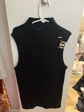 Michael Kors Black Sleeveless Mock Neck Tank with Gold MK Accent